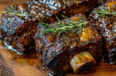 Close-up of caramelized, juicy beef back ribs garnished with rosemary on a rustic wooden plate.