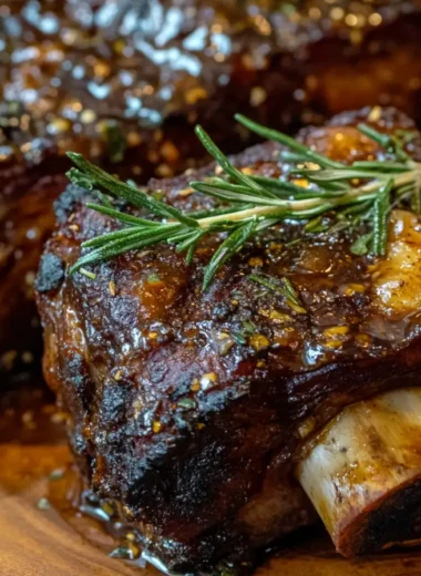 Close-up of caramelized, juicy beef back ribs garnished with rosemary on a rustic wooden plate.