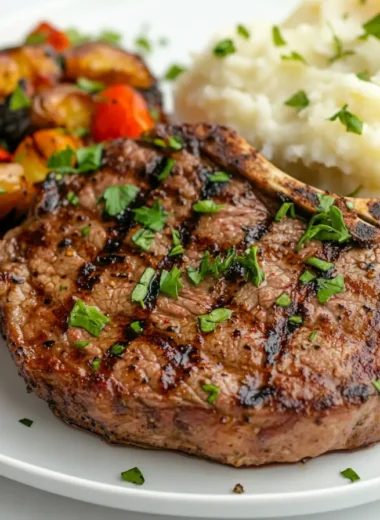 A perfectly grilled Chipotle Steak plated with roasted vegetables and mashed potatoes, showcased on a white marble kitchen island under natural light