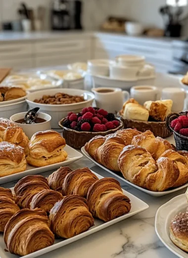 A continental breakfast spread featuring croissants, fresh fruit, yogurt, orange juice, and a cup of coffee on a neatly set table