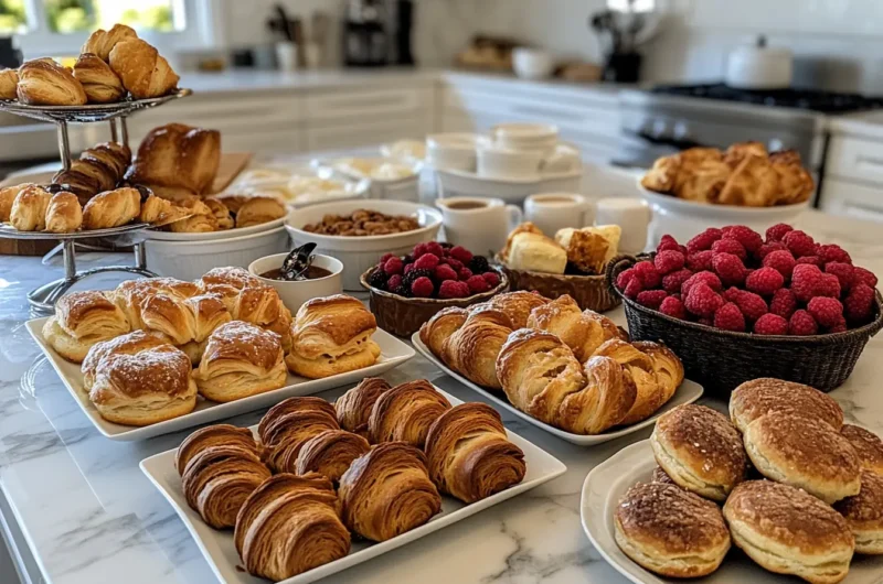 A continental breakfast spread featuring croissants, fresh fruit, yogurt, orange juice, and a cup of coffee on a neatly set table