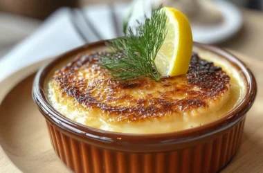 Close-up of a golden caramelized crab brûlée garnished with dill and a slice of lemon in a ceramic ramekin.