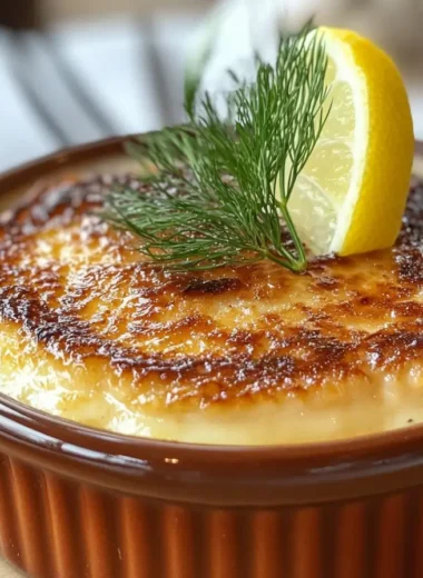 Close-up of a golden caramelized crab brûlée garnished with dill and a slice of lemon in a ceramic ramekin.