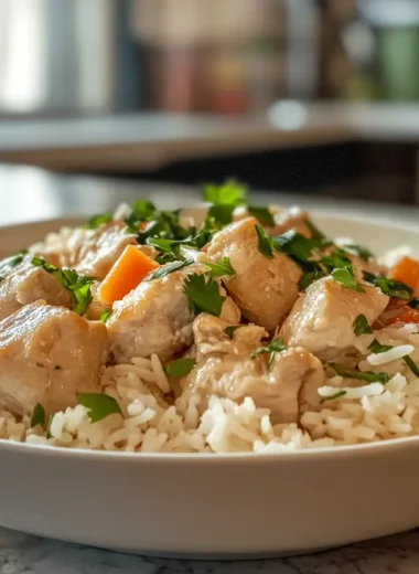 A plate of creamy chicken and rice garnished with fresh parsley, served in a comforting, one-pot style