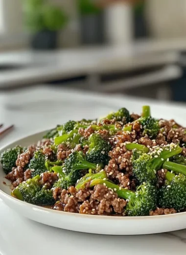 Final plated Ground Beef Broccoli dish with tender beef, glossy sauce, and broccoli florets