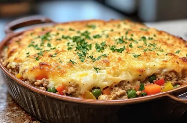 Close-up of a golden-baked ground turkey casserole garnished with parsley in a ceramic dish.