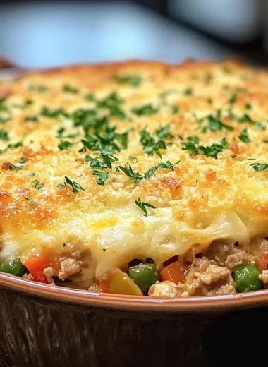 Close-up of a golden-baked ground turkey casserole garnished with parsley in a ceramic dish.