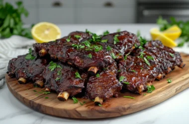 Perfectly glazed boneless beef ribs on a wooden platter, garnished with parsley and lemon, captured in soft natural light