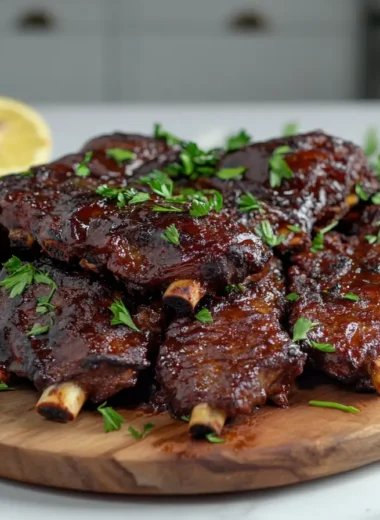Perfectly glazed boneless beef ribs on a wooden platter, garnished with parsley and lemon, captured in soft natural light