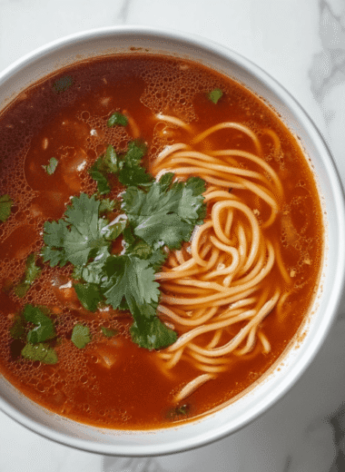 A vibrant bowl of Mexican fideo soup garnished with fresh cilantro, served with lime wedges and a side of tortillas on a rustic wooden table.
