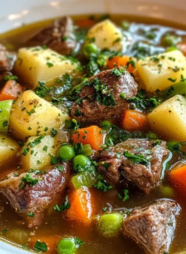 Close-up of vegetable beef soup in a white ceramic bowl with chunks of beef and colorful vegetables in rich broth