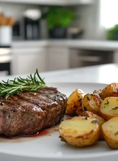 Wide-angle shot of Steak and Potatoes served on a marble kitchen island, with a modern kitchen in the background