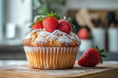 Freshly baked strawberry muffins with golden tops, garnished with fresh strawberries and powdered sugar on a rustic wooden table