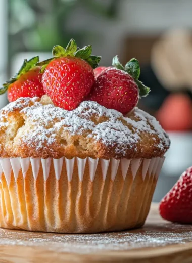 Freshly baked strawberry muffins with golden tops, garnished with fresh strawberries and powdered sugar on a rustic wooden table