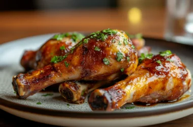 Close-up of golden-brown turkey drumsticks garnished with fresh herbs on a ceramic plate.