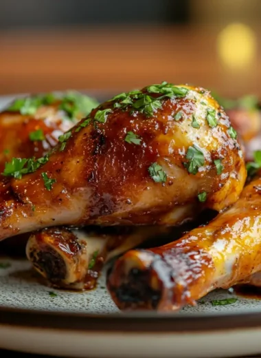 Close-up of golden-brown turkey drumsticks garnished with fresh herbs on a ceramic plate.