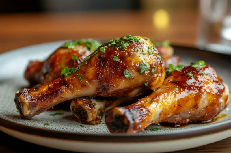 Close-up of golden-brown turkey drumsticks garnished with fresh herbs on a ceramic plate.
