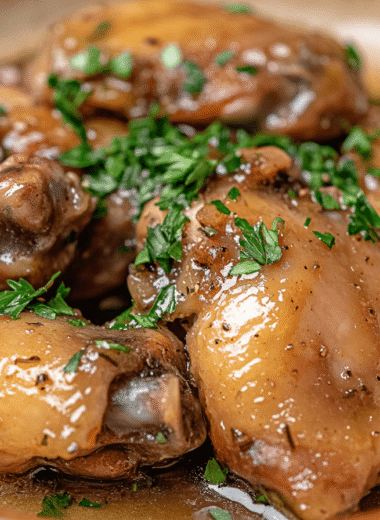 Close-up of golden-brown smothered turkey wings covered in savory gravy and garnished with parsley.