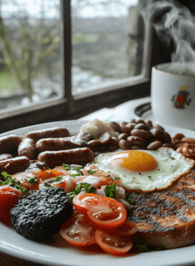 Traditional Irish breakfast with eggs, bacon, sausages, puddings, tomatoes, mushrooms, beans, and soda bread served with Irish tea.