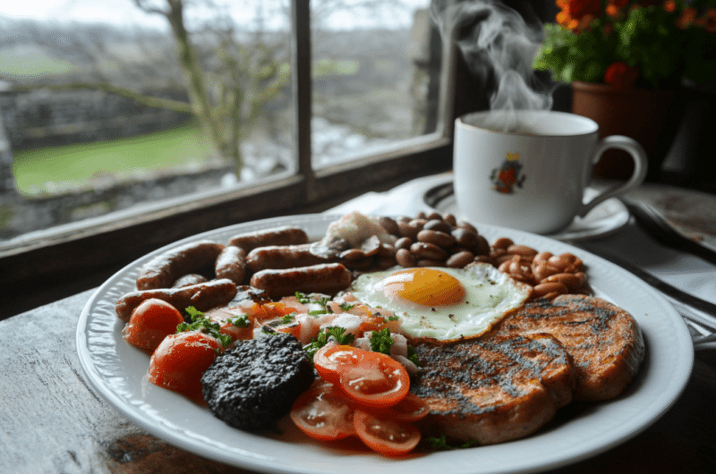 Traditional Irish breakfast with eggs, bacon, sausages, puddings, tomatoes, mushrooms, beans, and soda bread served with Irish tea.