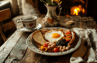 Traditional Irish breakfast with eggs, bacon, sausages, puddings, tomatoes, mushrooms, beans, and soda bread served with Irish tea.