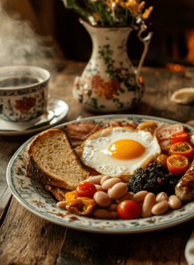 Traditional Irish breakfast with eggs, bacon, sausages, puddings, tomatoes, mushrooms, beans, and soda bread served with Irish tea.