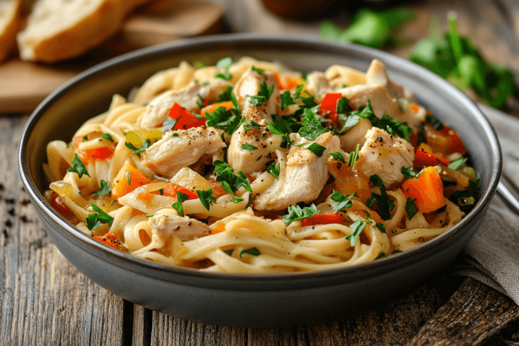 A flat-lay of chicken and noodles recipe ingredients