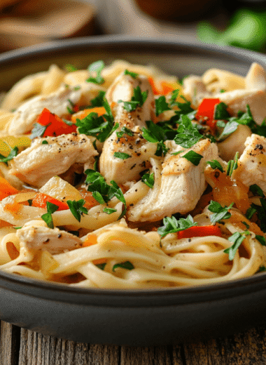 A flat-lay of chicken and noodles recipe ingredients