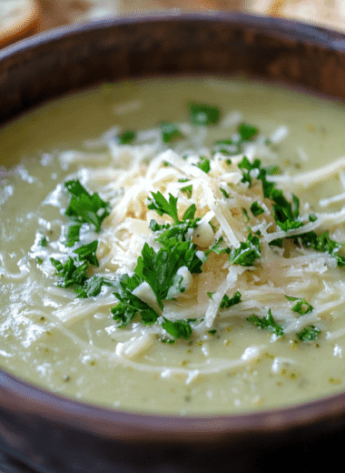 A bowl of creamy broccoli cheddar soup garnished with shredded cheese and fresh parsley, served alongside a slice of crusty bread on a wooden table