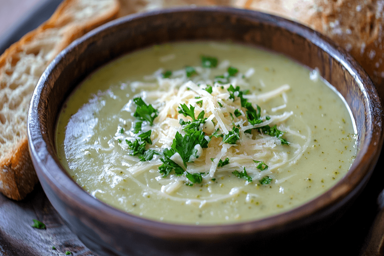 A bowl of creamy broccoli cheddar soup garnished with shredded cheese and fresh parsley, served alongside a slice of crusty bread on a wooden table