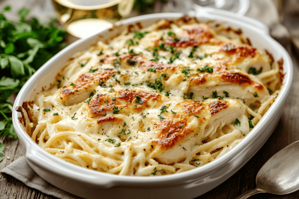 A bubbling casserole dish of baked chicken Alfredo fresh out of the oven, with a golden cheesy topping.