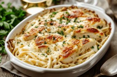 A bubbling casserole dish of baked chicken Alfredo fresh out of the oven, with a golden cheesy topping.