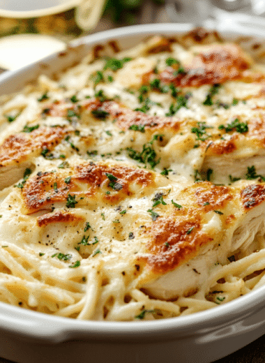 A bubbling casserole dish of baked chicken Alfredo fresh out of the oven, with a golden cheesy topping.