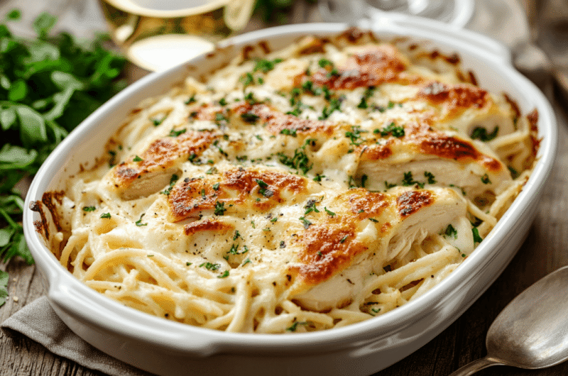 A bubbling casserole dish of baked chicken Alfredo fresh out of the oven, with a golden cheesy topping.