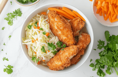 A bowl of steaming chicken and cabbage soup with vibrant vegetables and tender chicken chunks, placed on a white marble kitchen island in a modern, well-lit kitchen