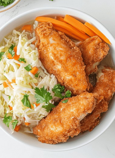 A bowl of steaming chicken and cabbage soup with vibrant vegetables and tender chicken chunks, placed on a white marble kitchen island in a modern, well-lit kitchen