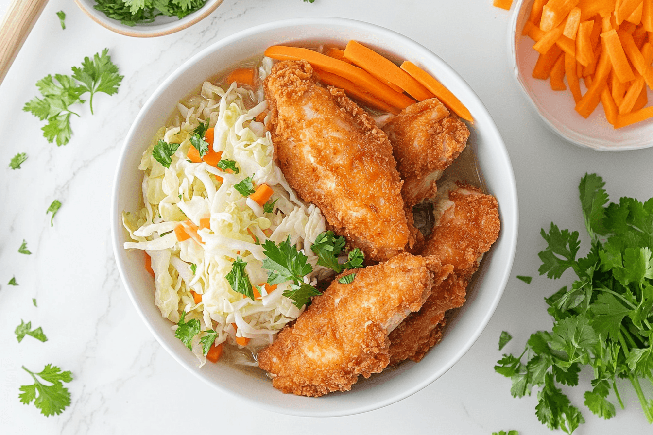 A bowl of steaming chicken and cabbage soup with vibrant vegetables and tender chicken chunks, placed on a white marble kitchen island in a modern, well-lit kitchen