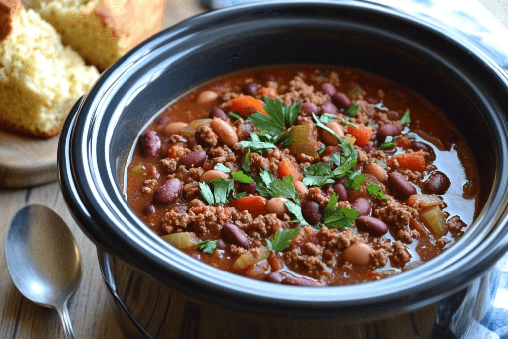 A steaming bowl of slow-cooked ground beef chili
