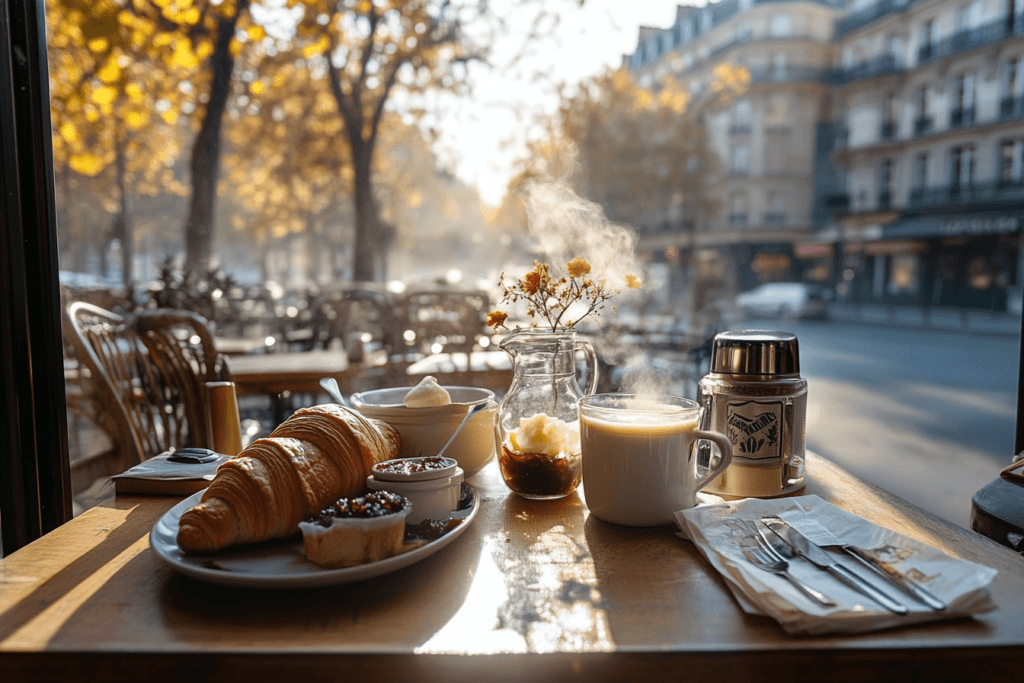 A traditional French breakfast featuring a croissant, baguette with butter and jam, and a café au lait served on a rustic table
