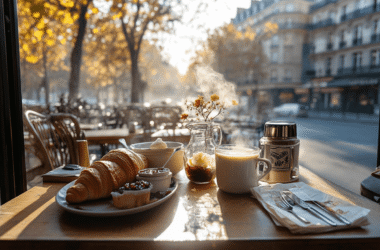 A traditional French breakfast featuring a croissant, baguette with butter and jam, and a café au lait served on a rustic table