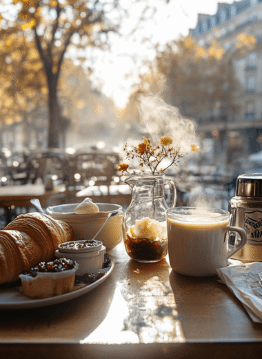 A traditional French breakfast featuring a croissant, baguette with butter and jam, and a café au lait served on a rustic table