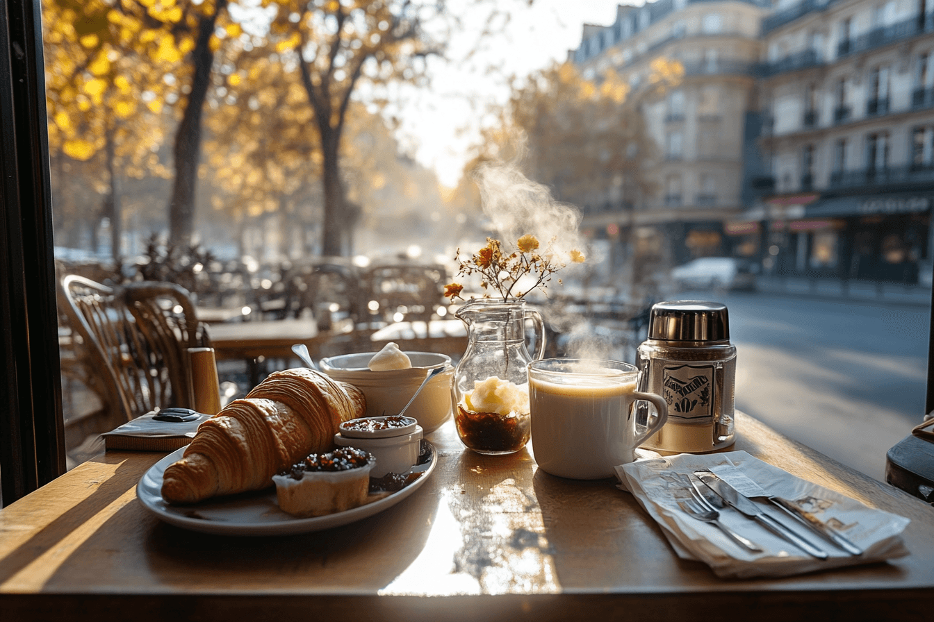 A traditional French breakfast featuring a croissant, baguette with butter and jam, and a café au lait served on a rustic table