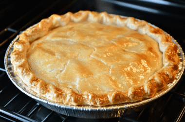 A freshly baked chicken pot pie with a golden crust, creamy filling, and colorful vegetables on a rustic wooden table
