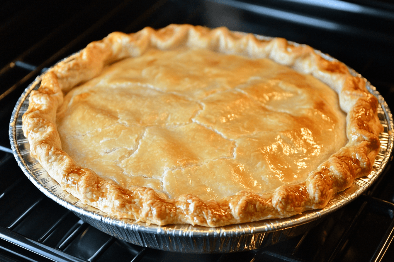 A freshly baked chicken pot pie with a golden crust, creamy filling, and colorful vegetables on a rustic wooden table