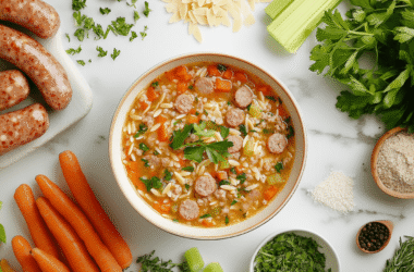 A warm bowl of sausage orzo soup with chunks of Italian sausage, tender orzo pasta, fresh vegetables, and a flavorful broth, garnished with fresh herbs