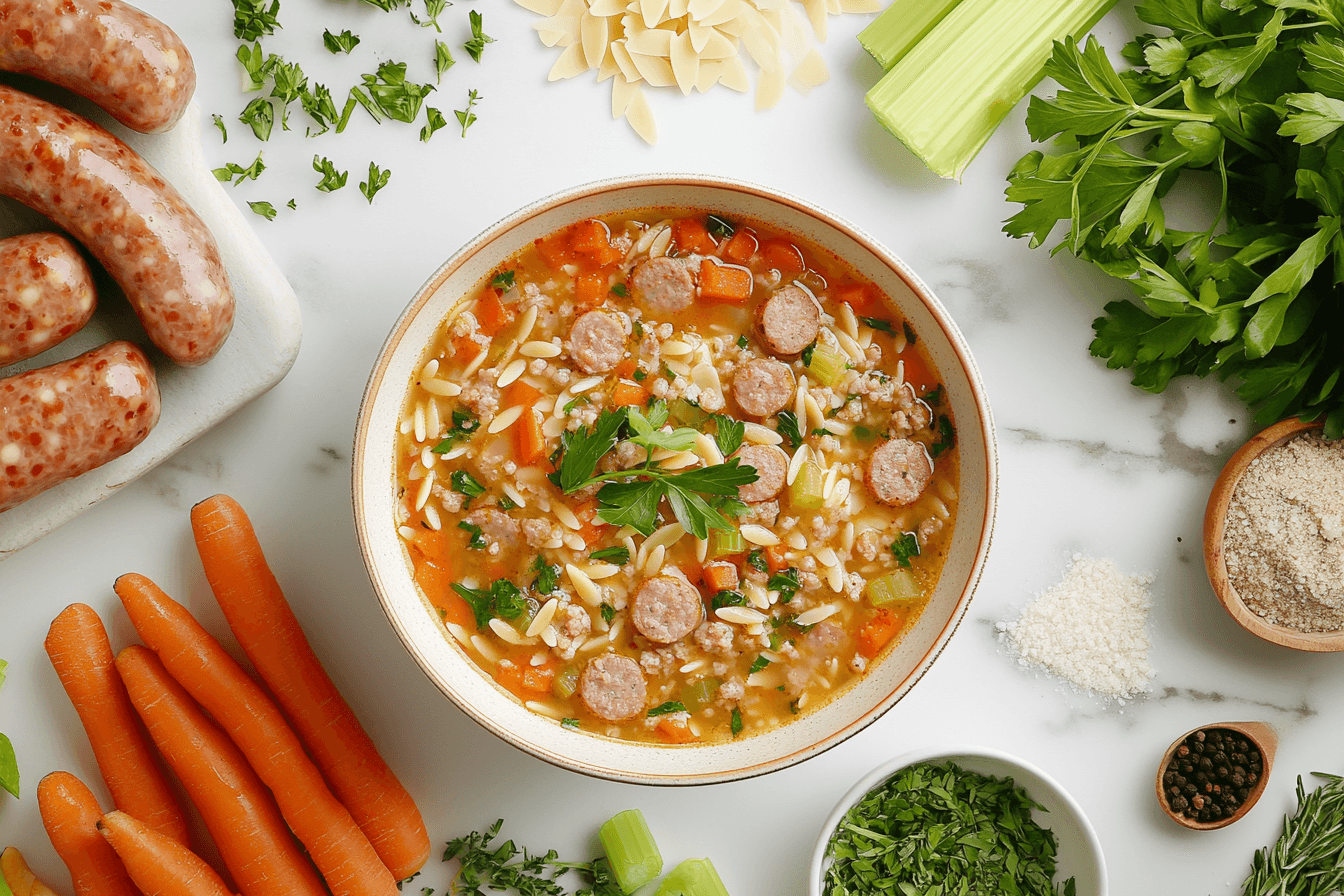 A warm bowl of sausage orzo soup with chunks of Italian sausage, tender orzo pasta, fresh vegetables, and a flavorful broth, garnished with fresh herbs