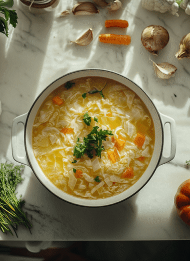 chicken and cabbage soup with vibrant vegetables