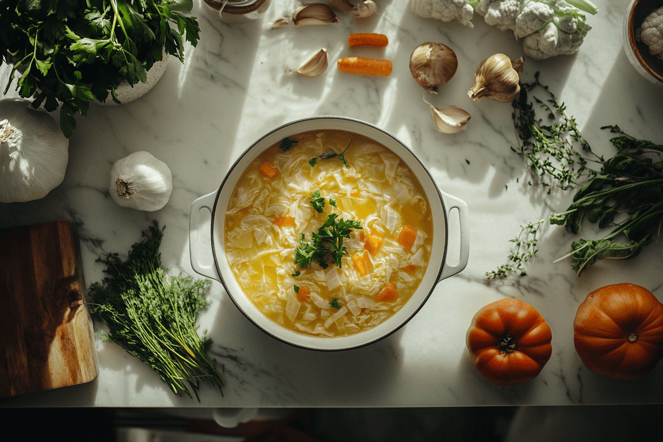 chicken and cabbage soup with vibrant vegetables