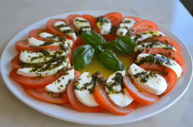 An elegant Caprese Salad featuring fresh mozzarella slices, ripe red tomatoes, and vibrant green basil leaves, drizzled with olive oil and balsamic glaze, served on a rustic wooden plate