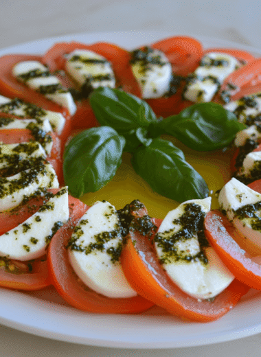 An elegant Caprese Salad featuring fresh mozzarella slices, ripe red tomatoes, and vibrant green basil leaves, drizzled with olive oil and balsamic glaze, served on a rustic wooden plate
